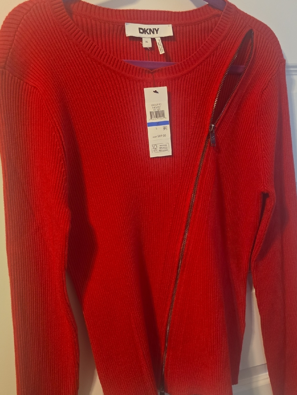 DKNY Red Asymmetrical Zip Ribbed Sweater XL NWT